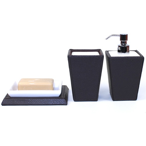 Bathroom Accessory Set, Gedy KY200-19, Kyoto Wenge Faux Leather and Pottery Accessory Set KY200-19